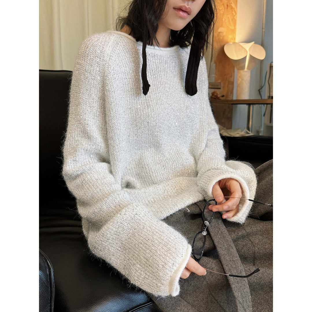 Women's Boucle-Mohair Sweater with Round Neck and Subtle Glitter Effect Amarae