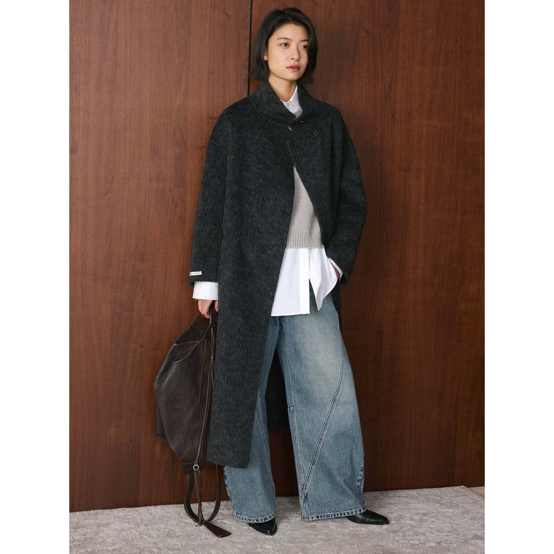 Women Oversized Wool Blend Coat with Asymmetrical Stand-Up Collar Amarae
