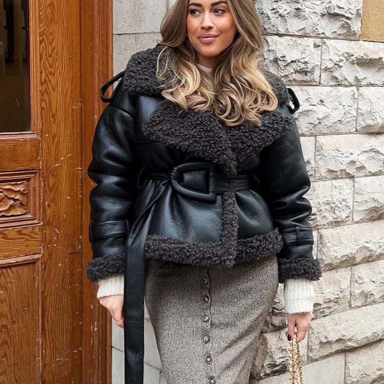 Women Short Sheepskin Imitation Flight Jacket with Waist Belt and Teddy Lining Amarae