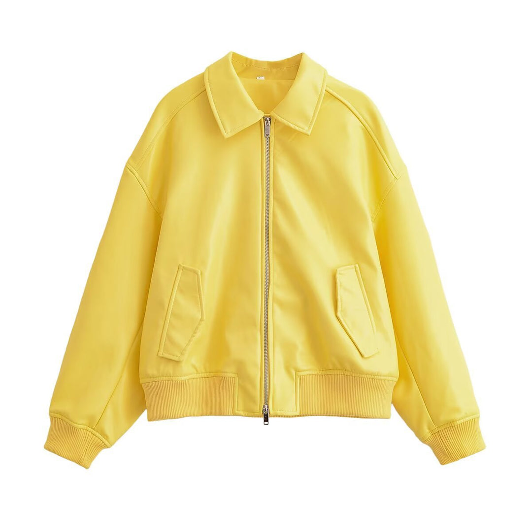 Women's Oversized Bomber Jacket with Zipper, Ribbed Hem and Flap Pockets Amarae