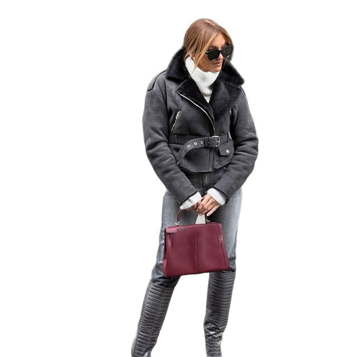 Women's short jacket in biker style made of faux suede with teddy lining and belted waist Amarae