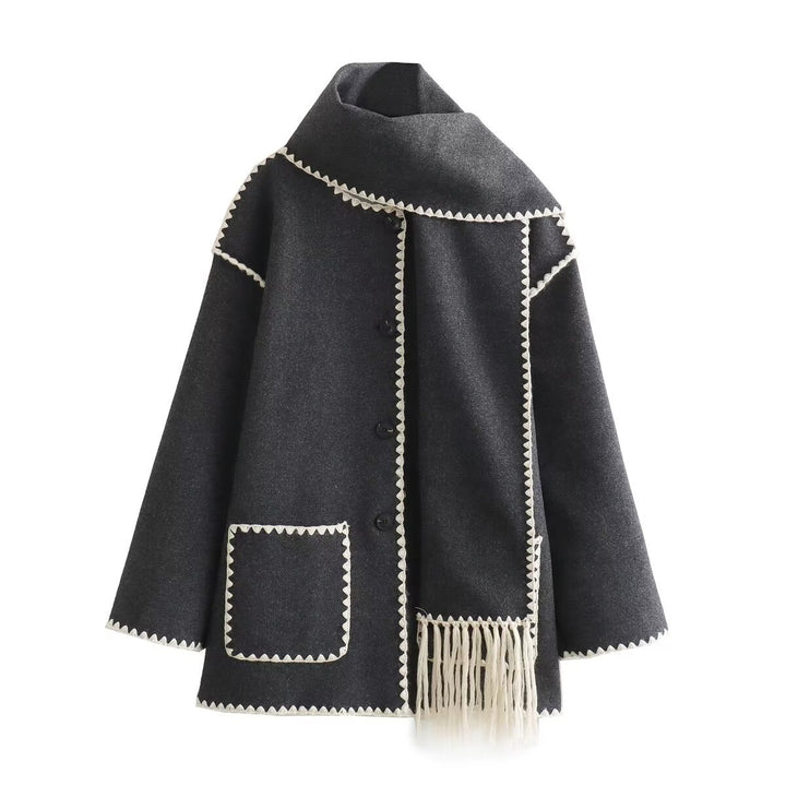 Elegant women's wool jacket with decorative fringed scarf Lune London