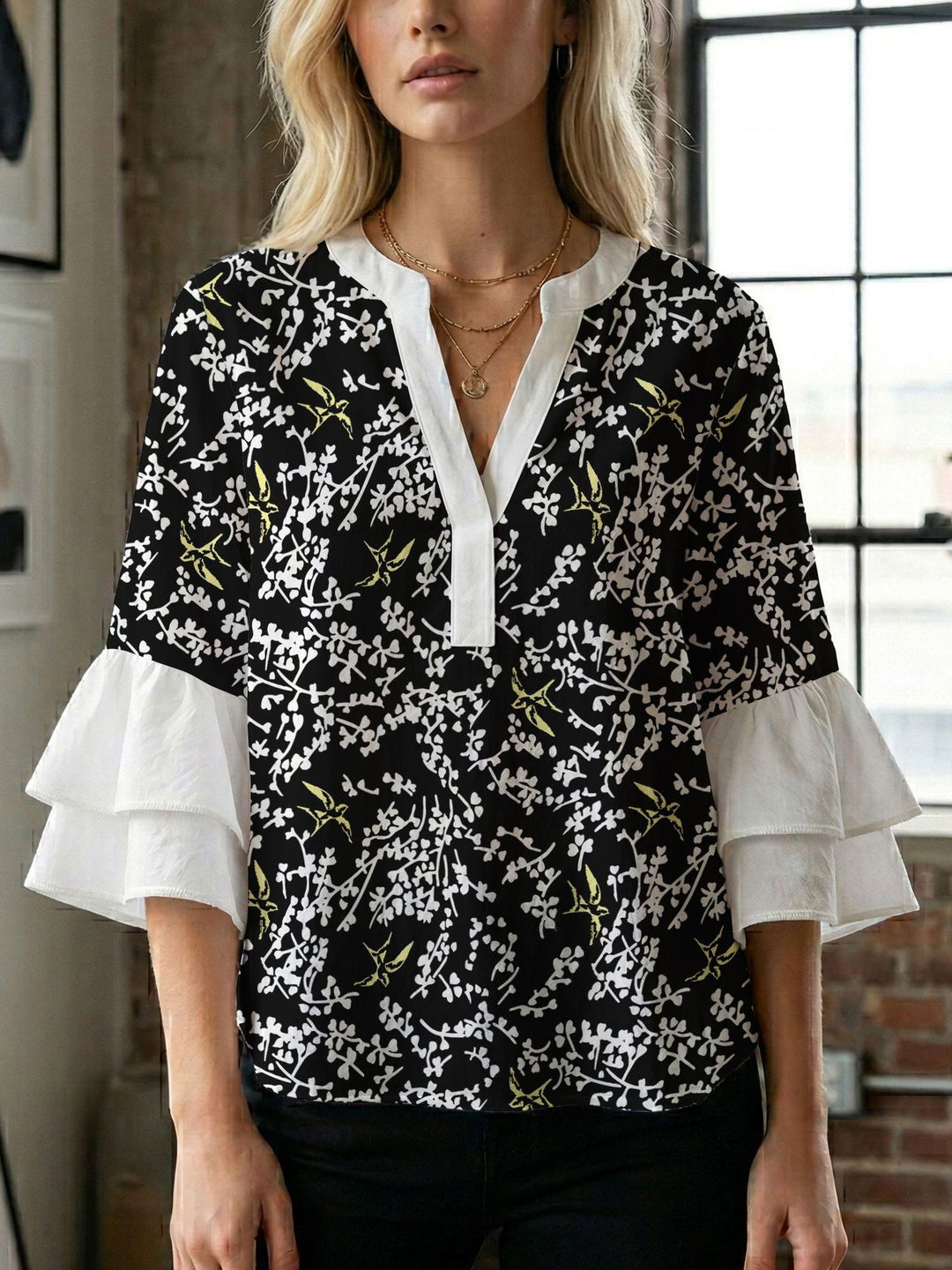 Women's blouse shirt with voluminous sleeves and creative print design Lune London