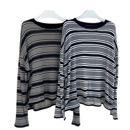 Women Striped Oversize Fine Knit Long Sleeve with Wide Round Neckline Amarae