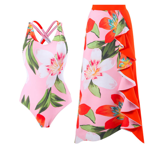 Women's swimsuit with a creative floral design and an elegant wrap skirt Amarae