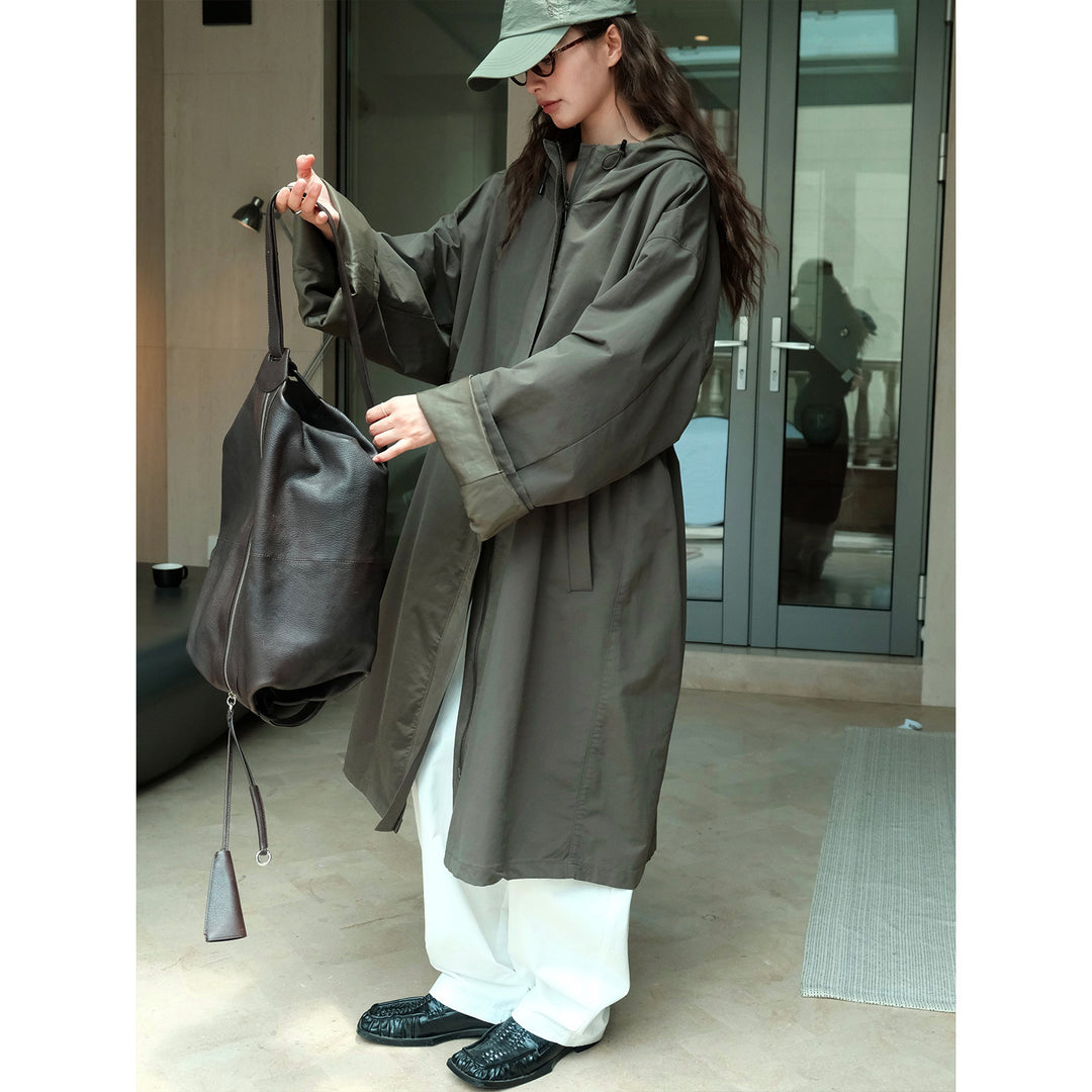 Women Long Oversize Coat with Hood, Concealed Zip and Contrast Cuffs Amarae