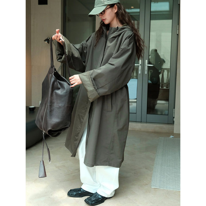 Women Long Oversize Coat with Hood, Concealed Zip and Contrast Cuffs Amarae