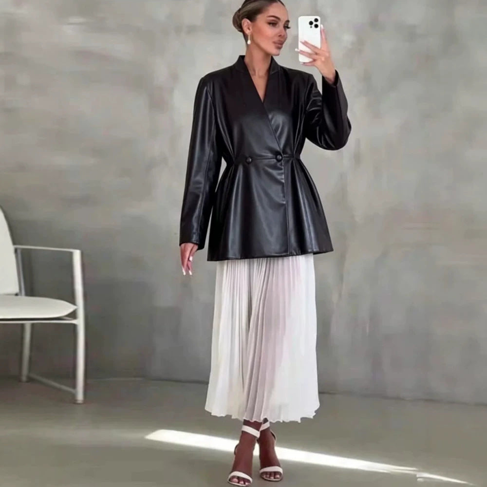 Women's Tailored Faux Leather Wrap Blazer with Flared Hem Amarae
