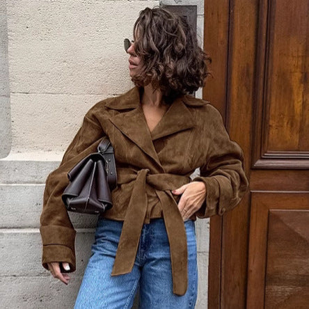 Suede leather trench coat for women with tie belt and wide lapels Amarae