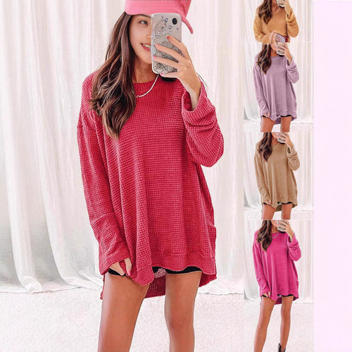 Waffle knit long sleeve sweater for women with open cut and side slits Amarae