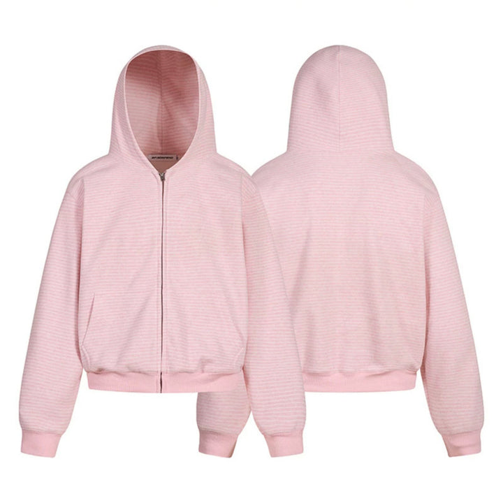 Women's short-cut hooded sweatshirt jacket with short hem, stripe texture, and zipper