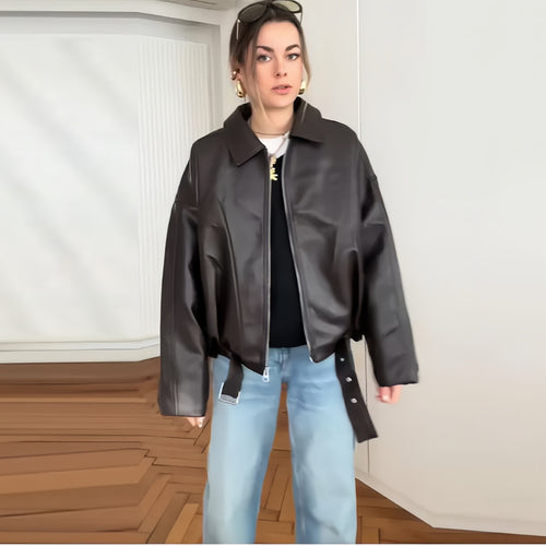Oversized synthetic leather jacket for women with casual fit Amarae