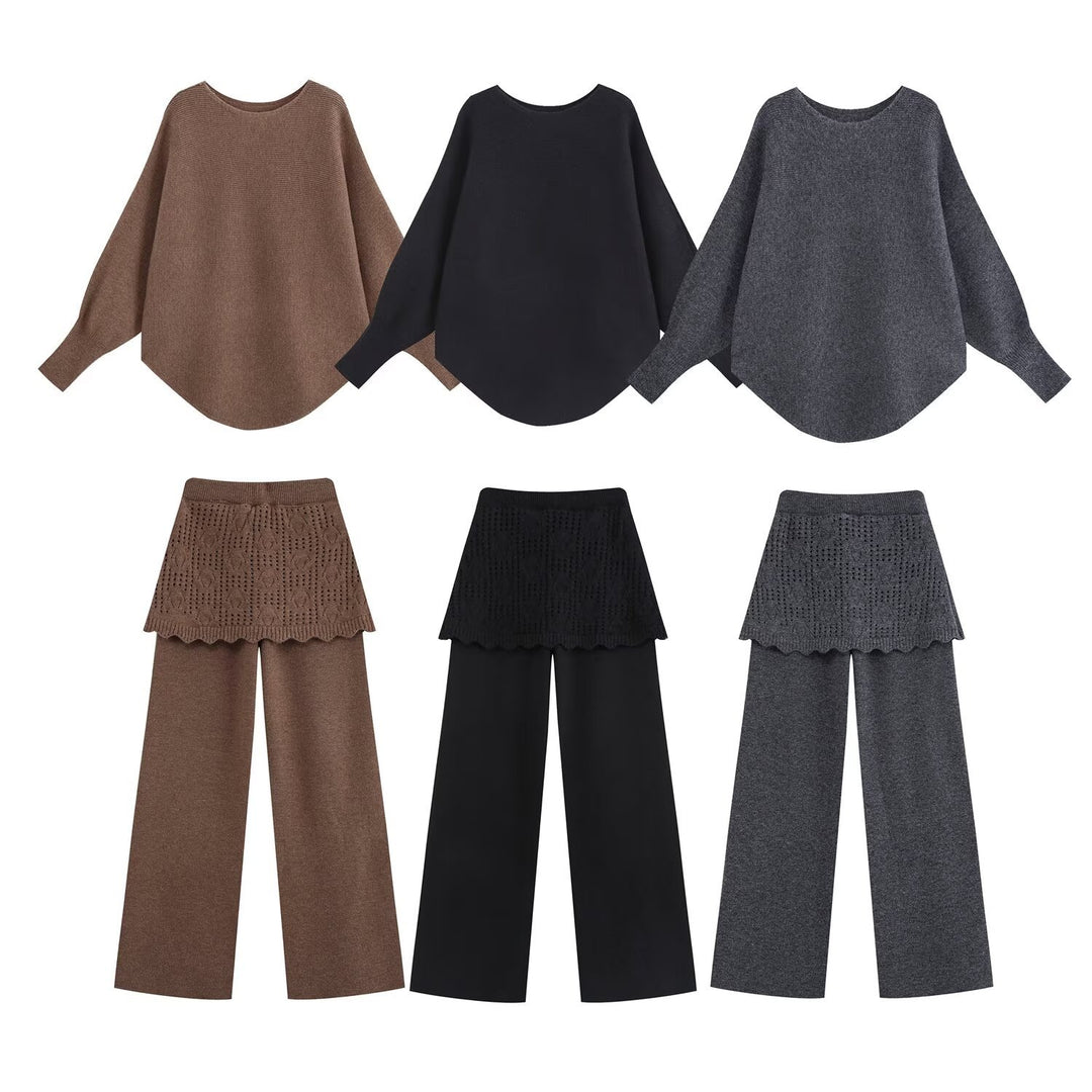 Ladies Two-Piece Knit Set with Oversized Sweater, Lace Pattern Mini Skirt and Wide Palazzo Pants Amarae
