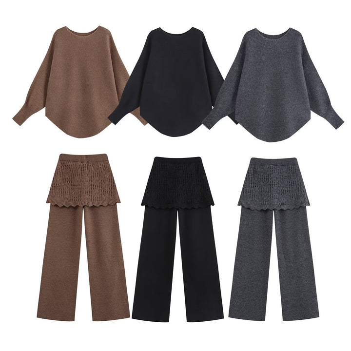 Ladies Two-Piece Knit Set with Oversized Sweater, Lace Pattern Mini Skirt and Wide Palazzo Pants Amarae