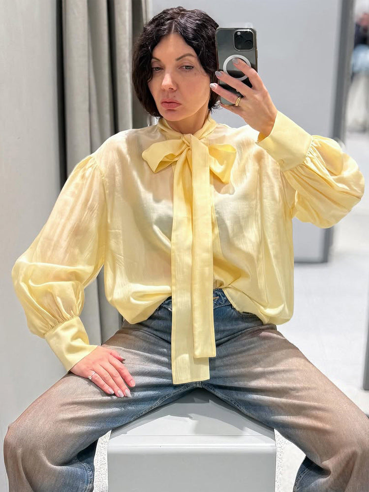 Women's Satin Bow Blouse with Balloon Sleeves & Wide Cuffs Amarae