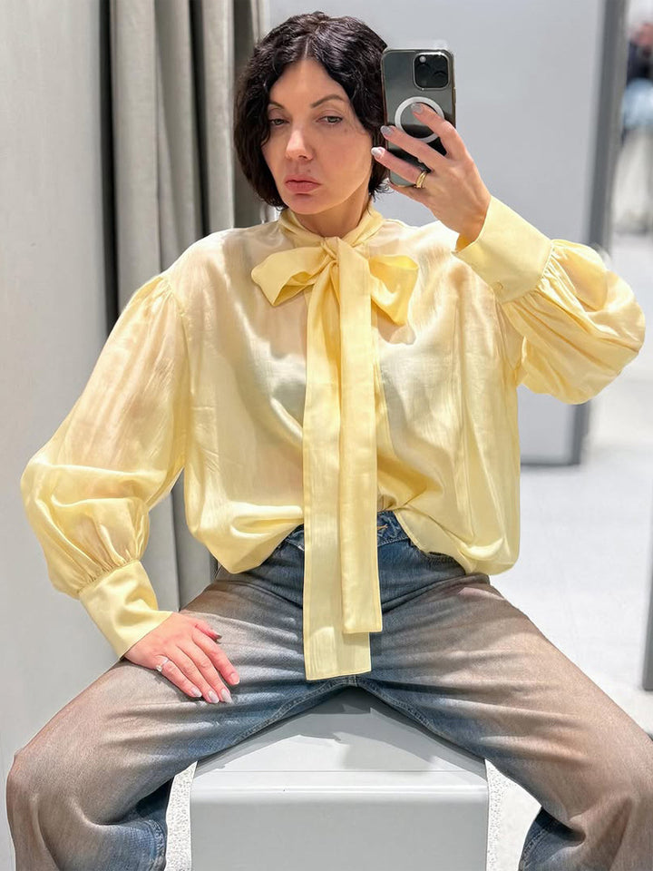 Women's Satin Bow Blouse with Balloon Sleeves & Wide Cuffs Amarae