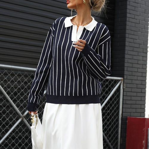 Knit sweater for ladies with elegant collar and striped pattern Amarae