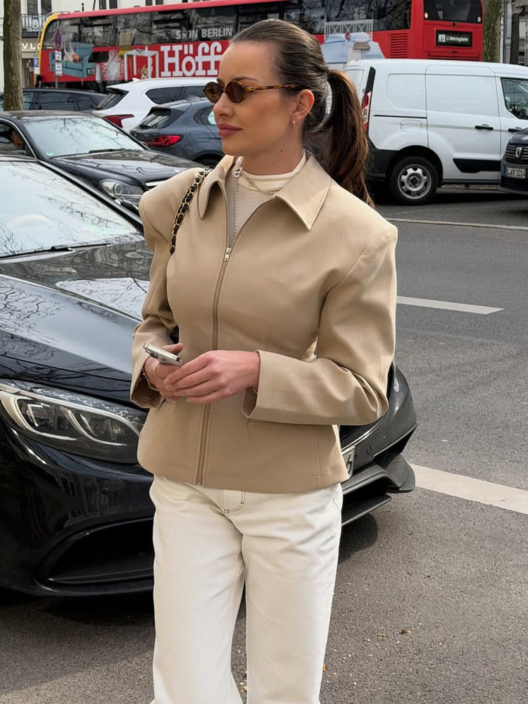 Women's Tailored Short Jacket made of vegan leather imitation with shirt collar and concealed zipper Amarae