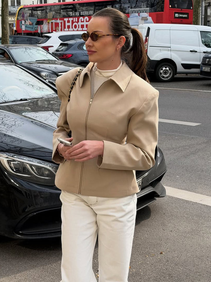 Women's Tailored Short Jacket made of vegan leather imitation with shirt collar and concealed zipper Amarae