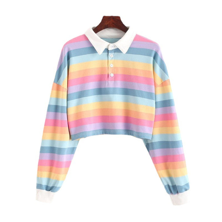 Women's Short Sleeve Polo Sweater with Colorful Stripes Chic & Stil