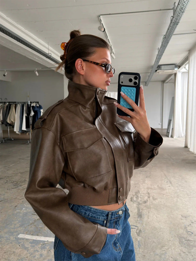 Women's Short Utility Bomber Jacket made of Vegan Leather with High Stand-Up Collar Amarae