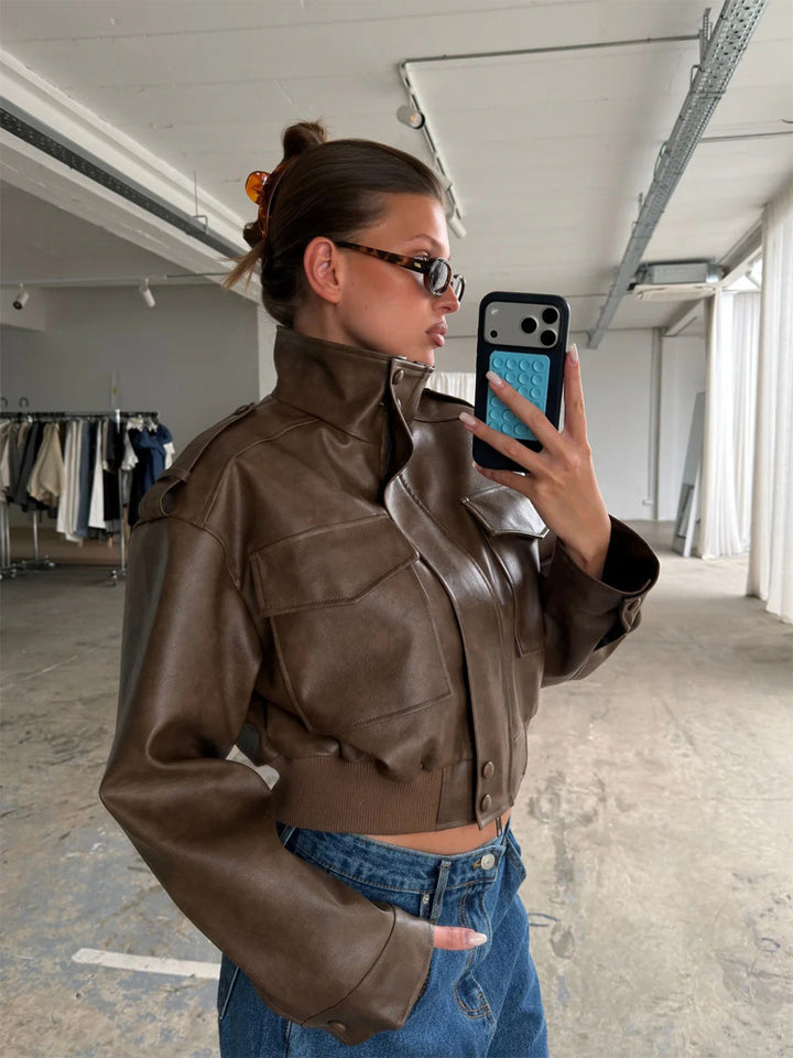 Women's Short Utility Bomber Jacket made of Vegan Leather with High Stand-Up Collar Amarae