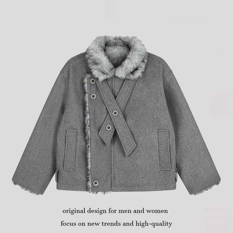 Women's short wool jacket with faux fur trim and asymmetric button placket Amarae