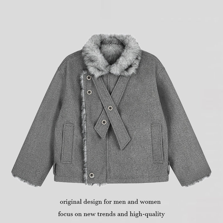 Women's short wool jacket with faux fur trim and asymmetric button placket Amarae