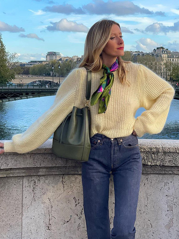 Women's Oversize Mohair Blend Sweater with Balloon Sleeves and Fine Rib Structure Amarae
