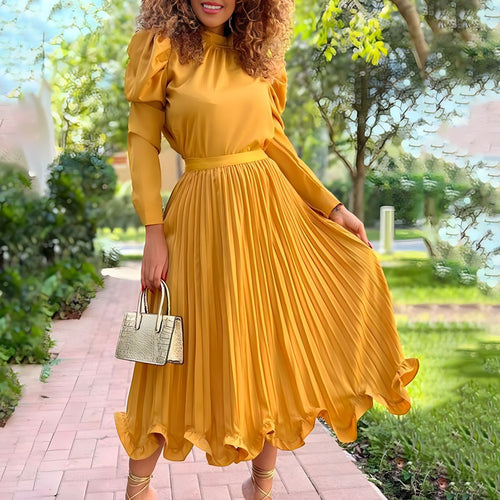Ladies Elegant Midi Dress with High Collar and Chic Pleated Design