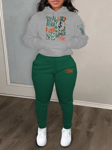 Women Sporty Hoodie and Jogging Pants Set with Creative Graphic Print Amarae