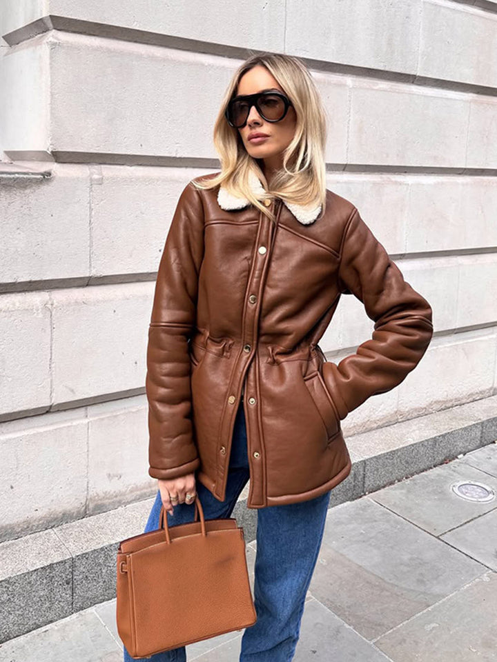 Women's Tailored Faux Leather Jacket with Drawstring, Teddy Collar and Snap Button Placket Amarae