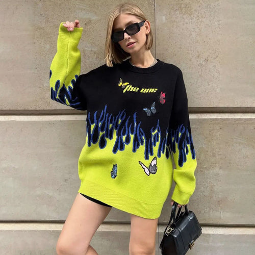 Chunky knit sweater for women with a unique design of flames and butterflies Amarae