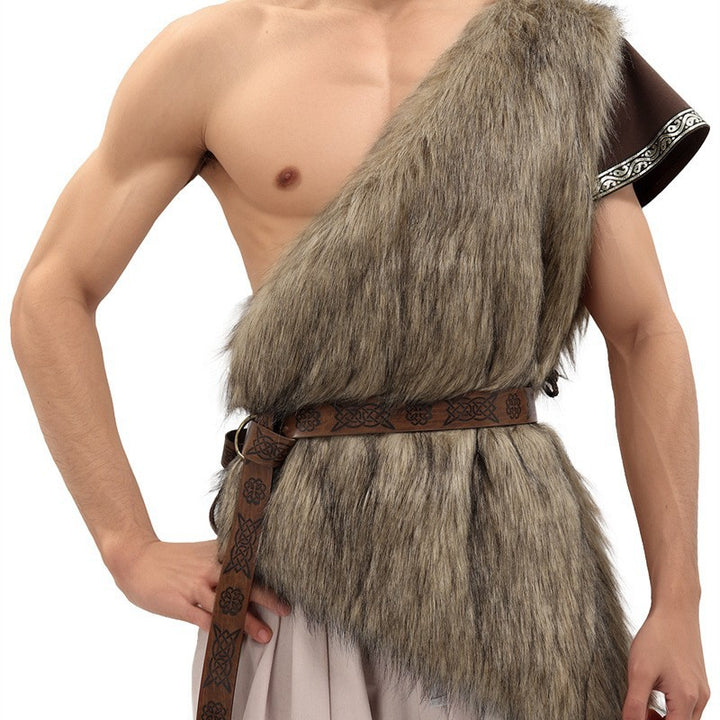Unisex shoulder cape made of faux fur with decorative leather belt and asymmetrical cut Amarae