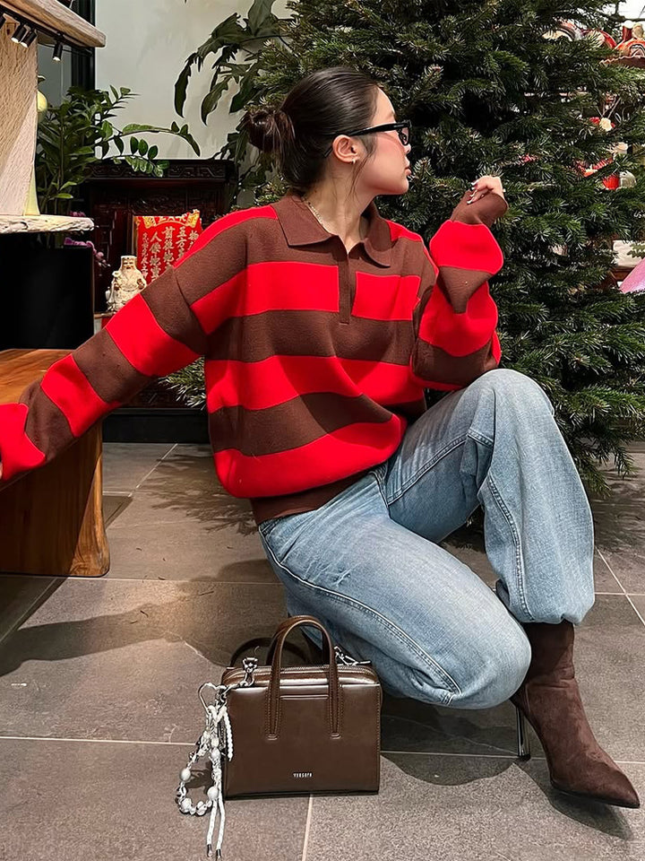 Women Oversize Rugby Knitted Sweater with Polo Collar & Wide Block Stripes Amarae
