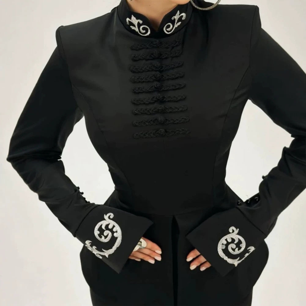 Women tailored satin jacket with mandarin collar, decorative cord closures and embroidered cuffs Amarae