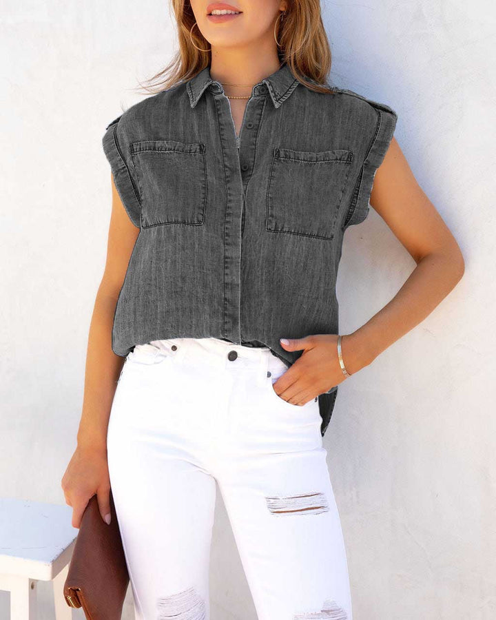 Chemisier à manches courtes pour femmes en denim avec poches poitrine Chic & Stil