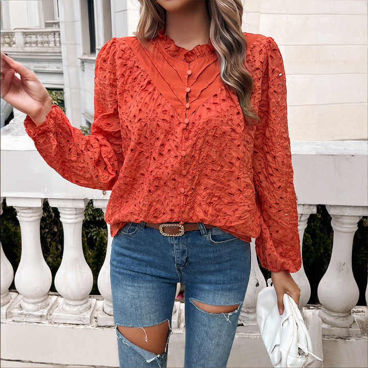 Trendy women's blouse with floral lace embroidery and ruffle details Lune London