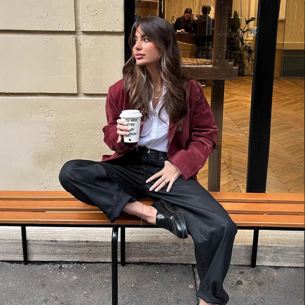 Women's suede blazer with a casual cropped fit and shirt collar Amarae