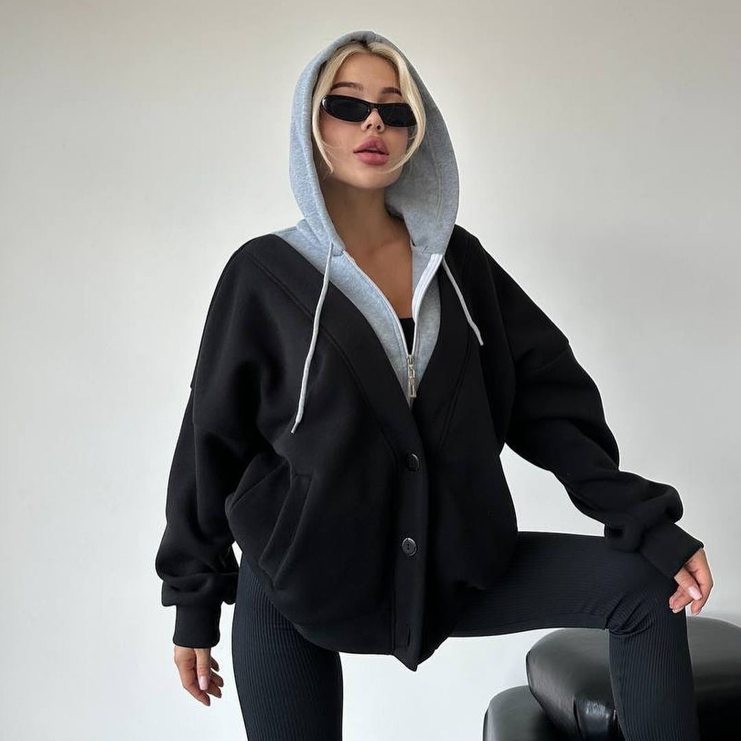 Comfortable oversized jacket for women with hood and snap closure Lune London