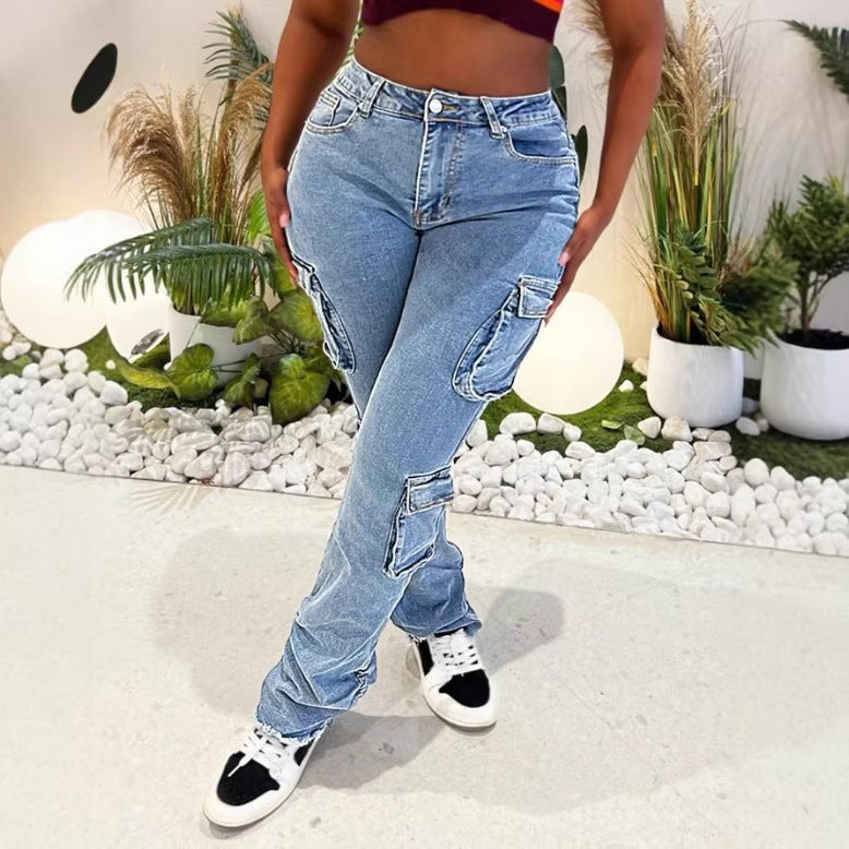Ladies Cargo Denim Jeans with High Waist, Slim Fit Hips and Patch Utility Pockets Amarae