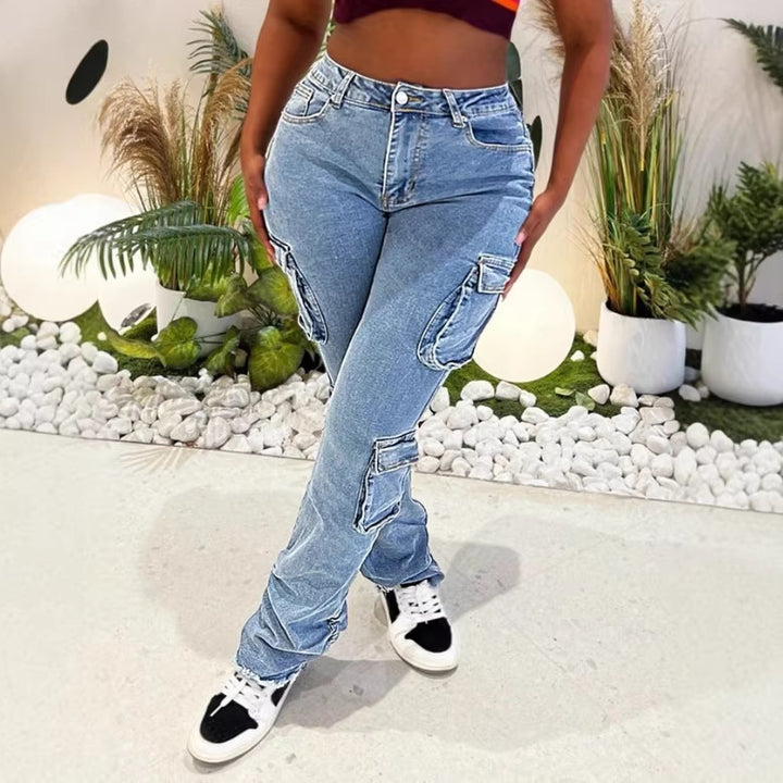 Ladies Cargo Denim Jeans with High Waist, Slim Fit Hips and Patch Utility Pockets Amarae
