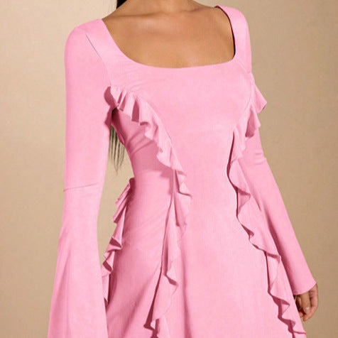 Elegant ruffled dress for women with deep neckline and long sleeves Amarae