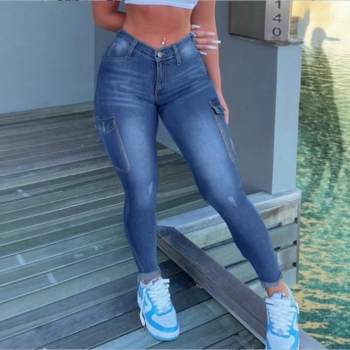 Ladies High-Waisted Sculpting Skinny Jeans with Cargo Pockets and Superstretch Amarae