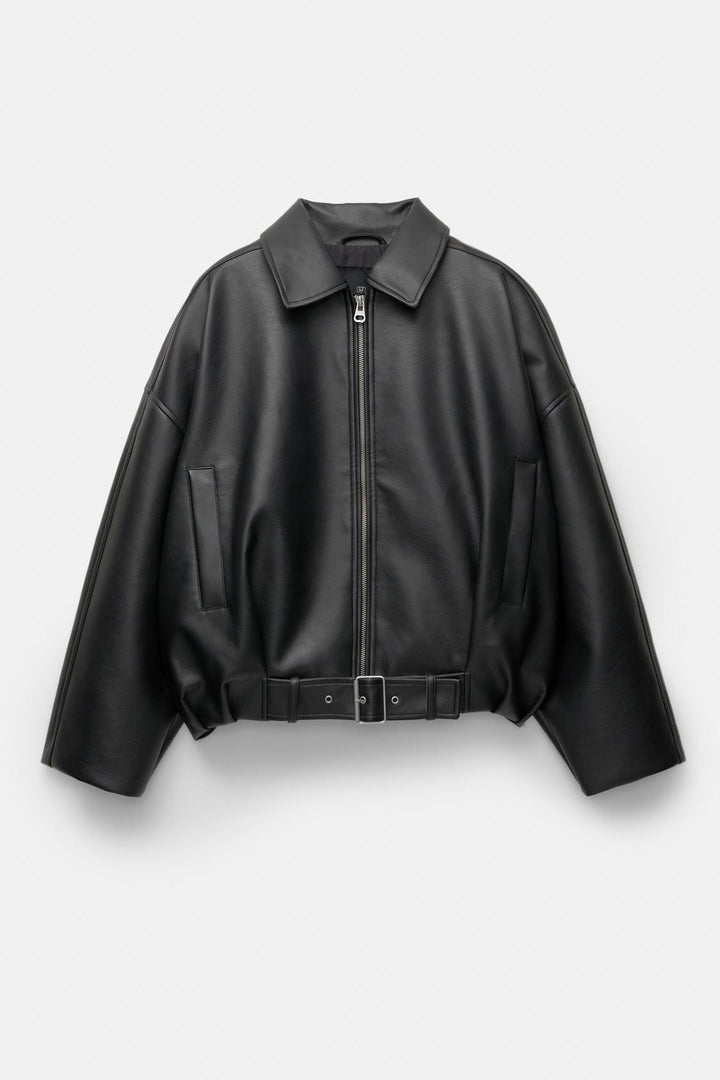 Women Oversized Leatherette Blouson with Waist Belt Amarae