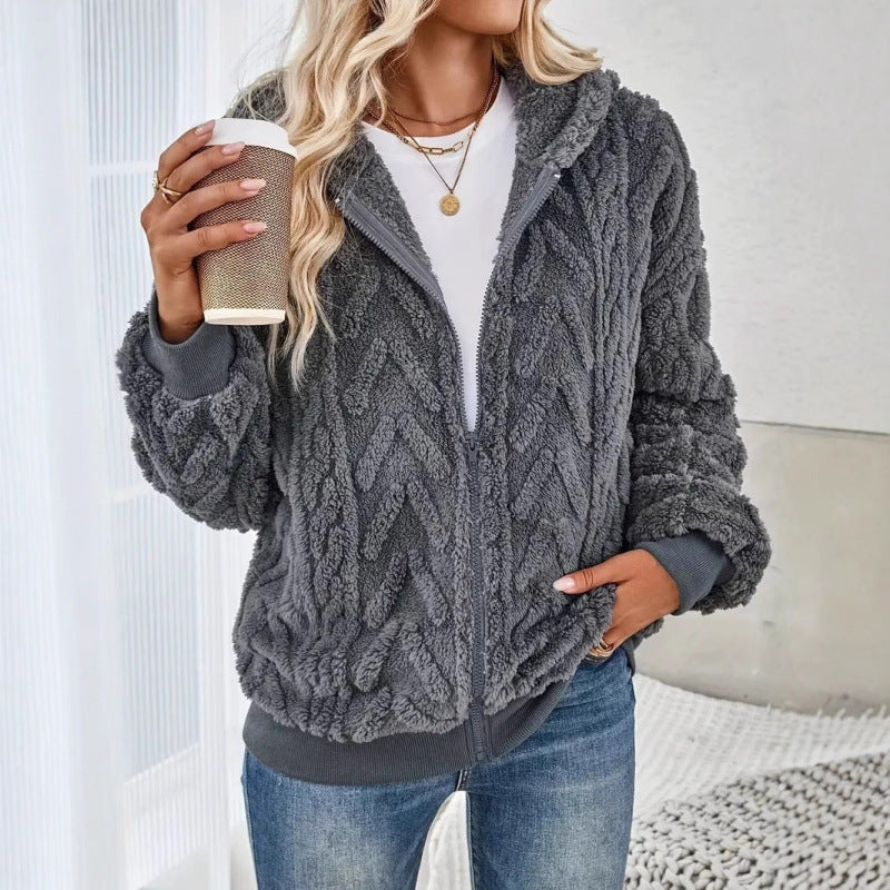 Ladies Cozy Fleece Jacket with High Collar and Chic Knit Pattern