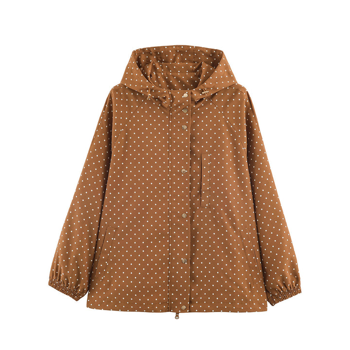 Women's Lightweight Water-Repellent Hooded Jacket with Polka Dot Pattern and Snap Button Placket Amarae