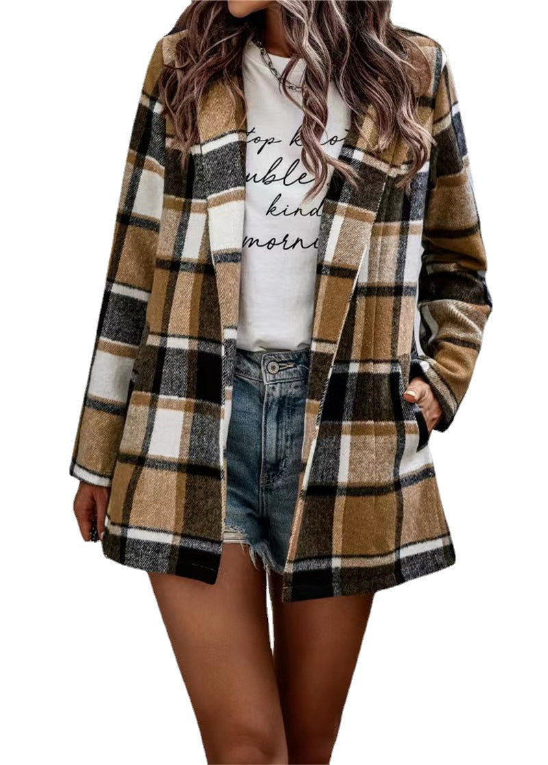 Women Checked Long Blazer Shacket Without Collar, Open Cut Amarae