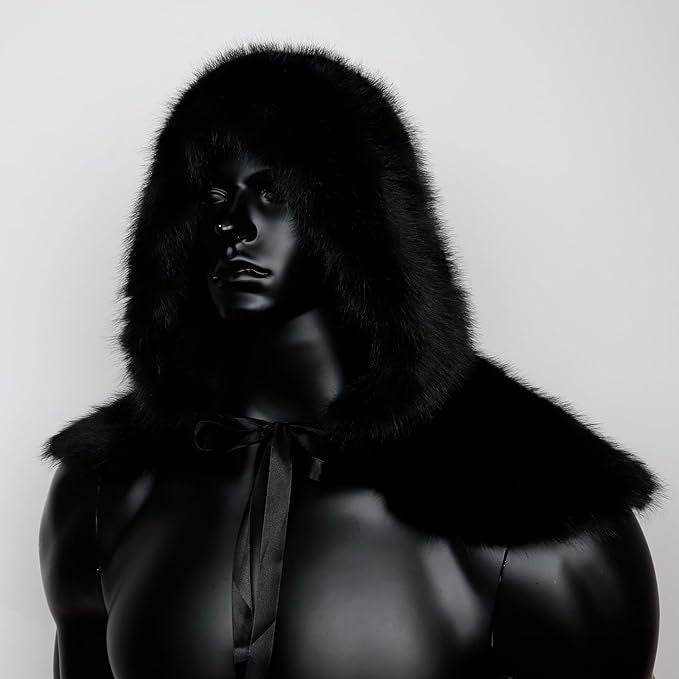 Men's hooded cloak made of dense faux fur with wide shoulder trim and warm interior lining Amarae