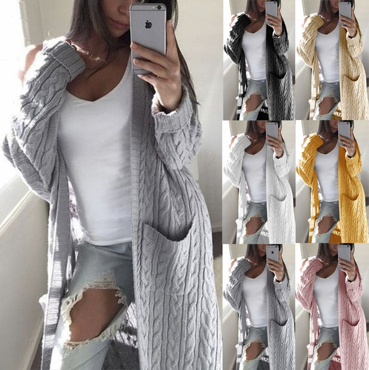 Knitted coat for women with cable pattern and practical pockets Lune London